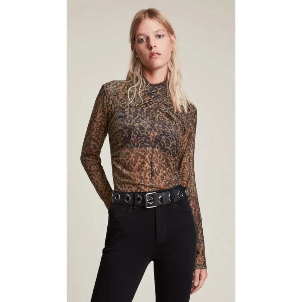 AllSaints Tia Halftone LS Top Womens 4 Brown Leopard Mesh Ruched Mock Neck